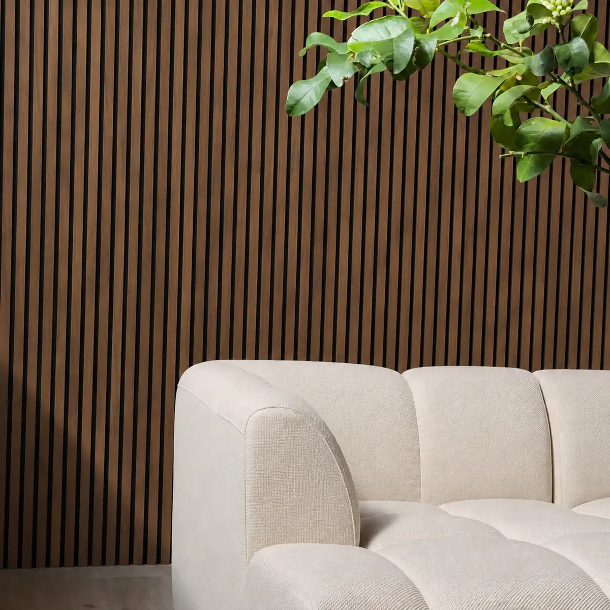 Acoustic wall panels in Walnut behind a sofa