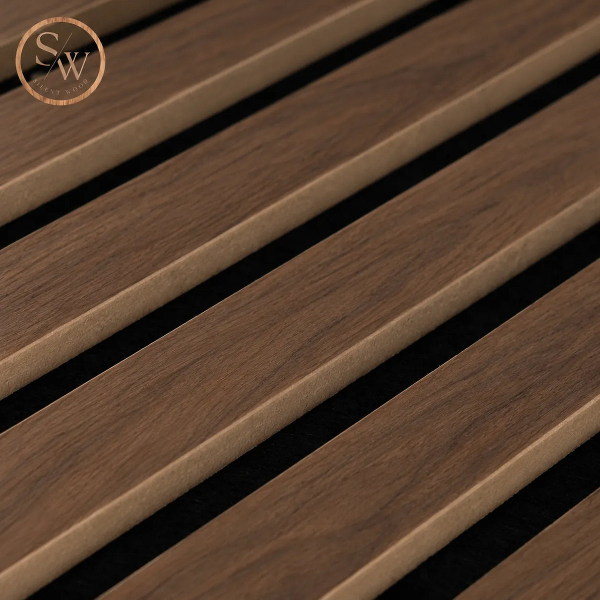 Acoustic wall panel in Walnut, close-up of the slats