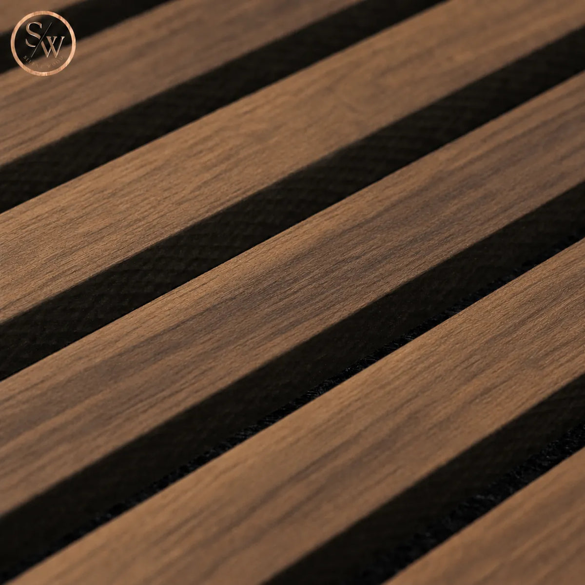 Premium acoustic wall panel in Walnut, close-up of the slats
