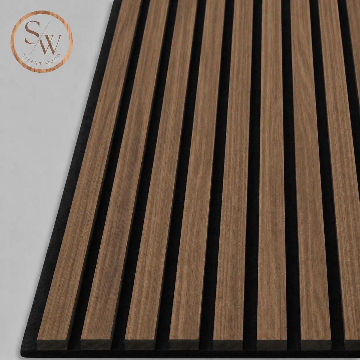 Premium acoustic wall panel in Walnut, angled view